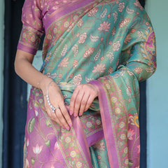 Aqua Green & Lilac Handloom Cotton Saree with Floral Vine Print & Majestic Bird Pallu