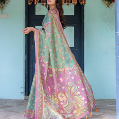Aqua Green & Lilac Handloom Cotton Saree with Floral Vine Print & Majestic Bird Pallu