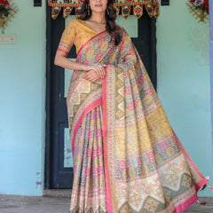 Multicolor Buti & Floral Panel Handloom Cotton Saree with Pink-Green Pallu Art