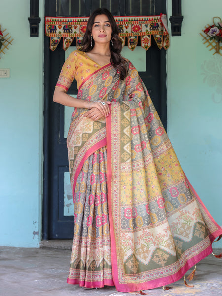 Multicolor Buti & Floral Panel Handloom Cotton Saree with Pink-Green Pallu Art