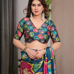 Teal Blue Satin Georgette Lotus Medallion Printed Saree with Attached Blouse – Multicolour Floral Designer Drape