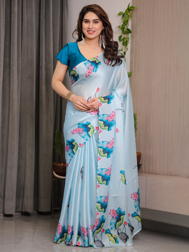 Sky Blue Satin Georgette Lotus & Crane Printed Saree with Attached Blouse – Serene Nature-Inspired Designer Drape