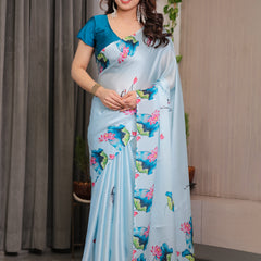 Sky Blue Satin Georgette Lotus & Crane Printed Saree with Attached Blouse – Serene Nature-Inspired Designer Drape