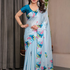 Sky Blue Satin Georgette Lotus & Crane Printed Saree with Attached Blouse – Serene Nature-Inspired Designer Drape