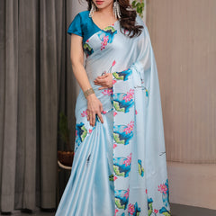 Sky Blue Satin Georgette Lotus & Crane Printed Saree with Attached Blouse – Serene Nature-Inspired Designer Drape