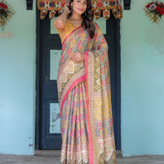 Multicolor Buti & Floral Panel Handloom Cotton Saree with Pink-Green Pallu Art