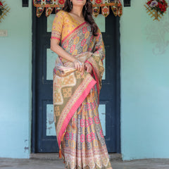 Multicolor Buti & Floral Panel Handloom Cotton Saree with Pink-Green Pallu Art