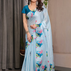 Sky Blue Satin Georgette Lotus & Crane Printed Saree with Attached Blouse – Serene Nature-Inspired Designer Drape