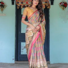 Multicolor Buti & Floral Panel Handloom Cotton Saree with Pink-Green Pallu Art