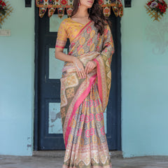 Multicolor Buti & Floral Panel Handloom Cotton Saree with Pink-Green Pallu Art