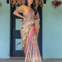Multicolor Buti & Floral Panel Handloom Cotton Saree with Pink-Green Pallu Art