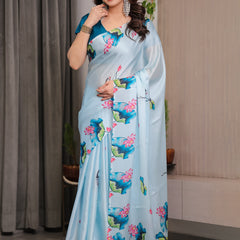 Sky Blue Satin Georgette Lotus & Crane Printed Saree with Attached Blouse – Serene Nature-Inspired Designer Drape