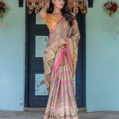 Multicolor Buti & Floral Panel Handloom Cotton Saree with Pink-Green Pallu Art