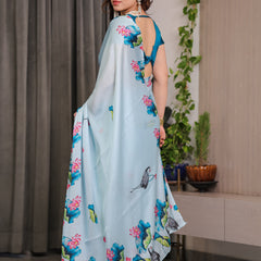Sky Blue Satin Georgette Lotus & Crane Printed Saree with Attached Blouse – Serene Nature-Inspired Designer Drape