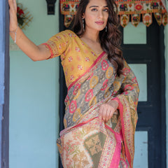 Multicolor Buti & Floral Panel Handloom Cotton Saree with Pink-Green Pallu Art