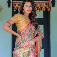 Multicolor Buti & Floral Panel Handloom Cotton Saree with Pink-Green Pallu Art