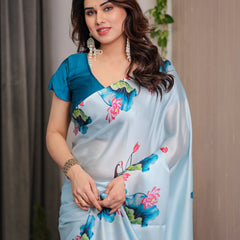 Sky Blue Satin Georgette Lotus & Crane Printed Saree with Attached Blouse – Serene Nature-Inspired Designer Drape