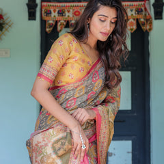 Multicolor Buti & Floral Panel Handloom Cotton Saree with Pink-Green Pallu Art