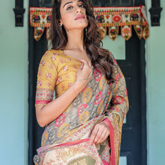 Multicolor Buti & Floral Panel Handloom Cotton Saree with Pink-Green Pallu Art