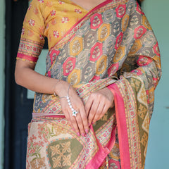 Multicolor Buti & Floral Panel Handloom Cotton Saree with Pink-Green Pallu Art
