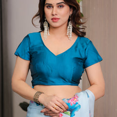 Sky Blue Satin Georgette Lotus & Crane Printed Saree with Attached Blouse – Serene Nature-Inspired Designer Drape