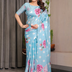 Sky Blue Satin Georgette Polka Dot & Floral Printed Saree with Attached Blouse – Chic Rose Bloom Designer Drape