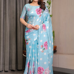 Sky Blue Satin Georgette Polka Dot & Floral Printed Saree with Attached Blouse – Chic Rose Bloom Designer Drape