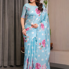 Sky Blue Satin Georgette Polka Dot & Floral Printed Saree with Attached Blouse – Chic Rose Bloom Designer Drape
