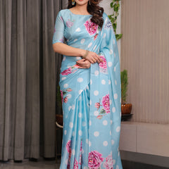 Sky Blue Satin Georgette Polka Dot & Floral Printed Saree with Attached Blouse – Chic Rose Bloom Designer Drape