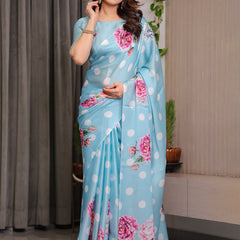 Sky Blue Satin Georgette Polka Dot & Floral Printed Saree with Attached Blouse – Chic Rose Bloom Designer Drape