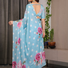 Sky Blue Satin Georgette Polka Dot & Floral Printed Saree with Attached Blouse – Chic Rose Bloom Designer Drape