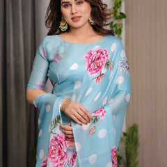 Sky Blue Satin Georgette Polka Dot & Floral Printed Saree with Attached Blouse – Chic Rose Bloom Designer Drape