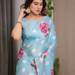 Sky Blue Satin Georgette Polka Dot & Floral Printed Saree with Attached Blouse – Chic Rose Bloom Designer Drape