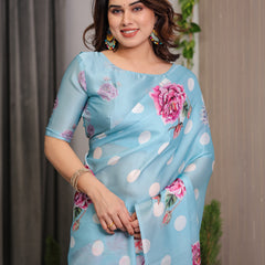 Sky Blue Satin Georgette Polka Dot & Floral Printed Saree with Attached Blouse – Chic Rose Bloom Designer Drape