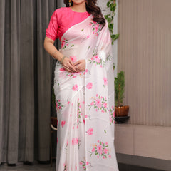 Ivory White Satin Georgette Floral Printed Saree with Pink Blouse – Soft Blossom Designer Drape