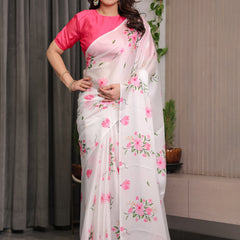 Ivory White Satin Georgette Floral Printed Saree with Pink Blouse – Soft Blossom Designer Drape