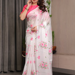 Ivory White Satin Georgette Floral Printed Saree with Pink Blouse – Soft Blossom Designer Drape