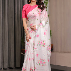 Ivory White Satin Georgette Floral Printed Saree with Pink Blouse – Soft Blossom Designer Drape