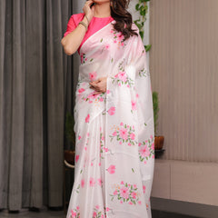Ivory White Satin Georgette Floral Printed Saree with Pink Blouse – Soft Blossom Designer Drape