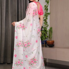 Ivory White Satin Georgette Floral Printed Saree with Pink Blouse – Soft Blossom Designer Drape