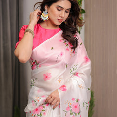 Ivory White Satin Georgette Floral Printed Saree with Pink Blouse – Soft Blossom Designer Drape