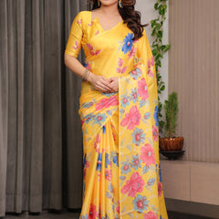 Mustard Yellow Satin Georgette Floral Printed Saree with Attached Blouse – Vibrant Garden Bloom Designer Drape