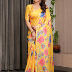 Mustard Yellow Satin Georgette Floral Printed Saree with Attached Blouse – Vibrant Garden Bloom Designer Drape