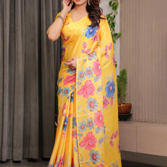 Mustard Yellow Satin Georgette Floral Printed Saree with Attached Blouse – Vibrant Garden Bloom Designer Drape