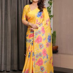 Mustard Yellow Satin Georgette Floral Printed Saree with Attached Blouse – Vibrant Garden Bloom Designer Drape