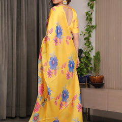 Mustard Yellow Satin Georgette Floral Printed Saree with Attached Blouse – Vibrant Garden Bloom Designer Drape