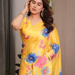 Mustard Yellow Satin Georgette Floral Printed Saree with Attached Blouse – Vibrant Garden Bloom Designer Drape