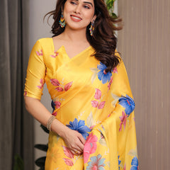 Mustard Yellow Satin Georgette Floral Printed Saree with Attached Blouse – Vibrant Garden Bloom Designer Drape