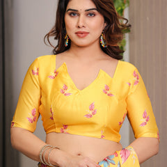 Mustard Yellow Satin Georgette Floral Printed Saree with Attached Blouse – Vibrant Garden Bloom Designer Drape