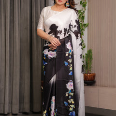 Ivory White & Black Satin Georgette Floral Printed Saree with Attached Blouse – Elegant Contrast Bloom Designer Drape